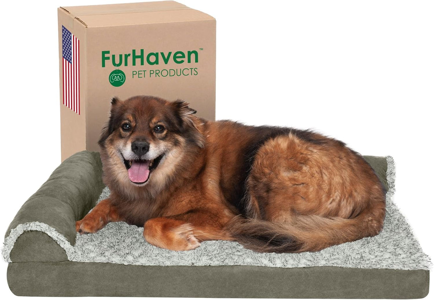 Furhaven Memory Foam Dog Bed for Large Dogs w/ Removable Bolsters & Washable Cover, For Dogs Up to 95 lbs - Two-Tone Plush Faux Fur & Suede L Shaped Chaise - Espresso, Jumbo/XL