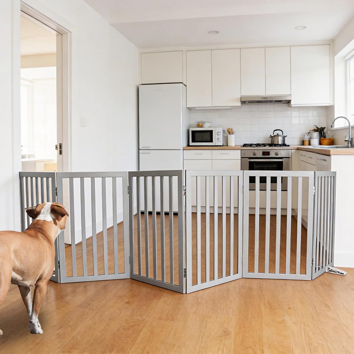 ZJSF Freestanding Indoor Dog Gate for House Foldable Wood Puppy Gate for Doorways Pet Gate for Stairs Extra Wide Pet Fence, Brown, 24" Height 3 Panels