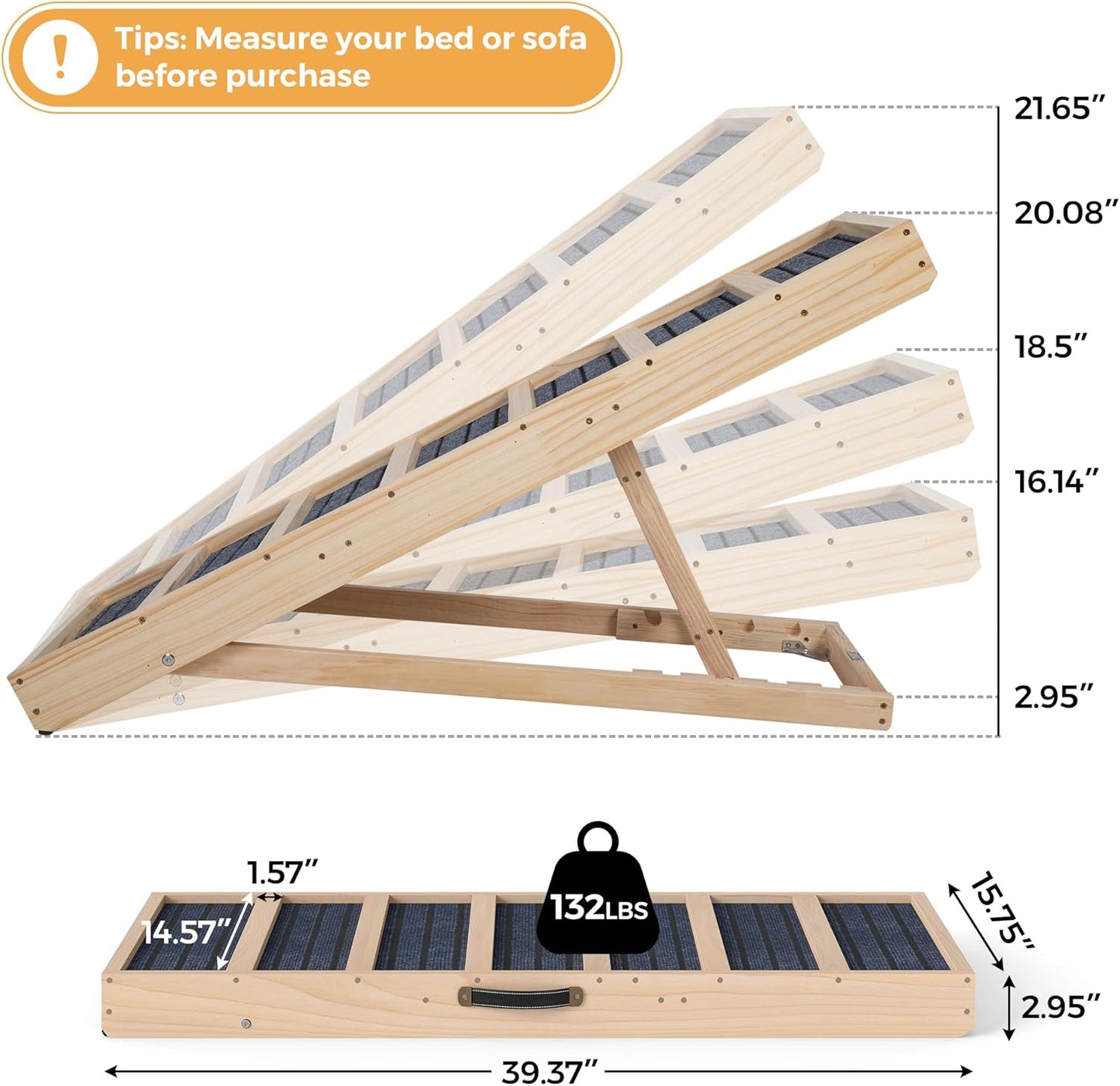 COZIWOW Dog Ramp for Bed, Couch, Car - 39" L Adjustable Pet Ramp for Dogs to Get on Bed with High Traction, Wooden Dog Steps of 4 Height (16"- 22") for Small Medium Large Dogs, up to 132 LBS