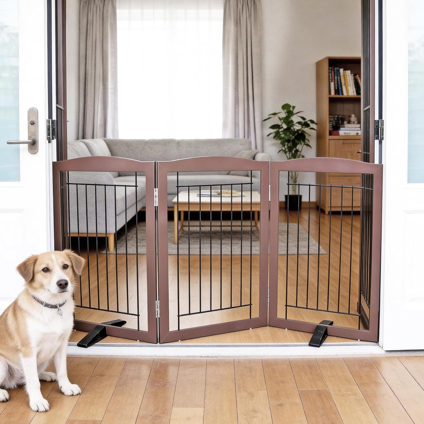 ZJSF Freestanding Dog Fence Indoor, Foldable Dog Gate for Doorways, Stairs or Hallways, Sturdy Wood Extra Wide Pet Gate with Support Feet for The House, White, 24 "Height-3 Panels