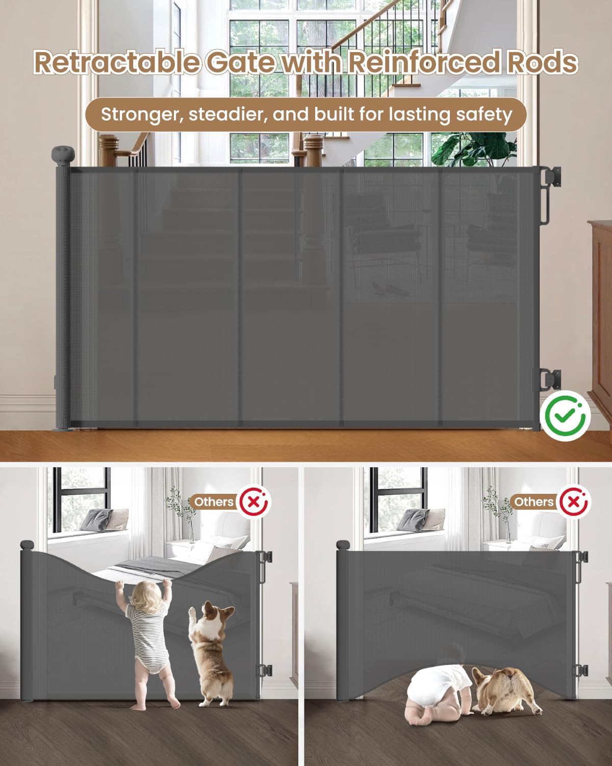 Retractable Baby Gate, 55" Wide Mesh Gate with 4 Reinforced Rods, Prevents Kids & Dogs from Crawling Under, 34" Tall Easy-to-Use Pet Gate for Stairs, Bedrooms, Hallways, Indoor/Outdoor, White