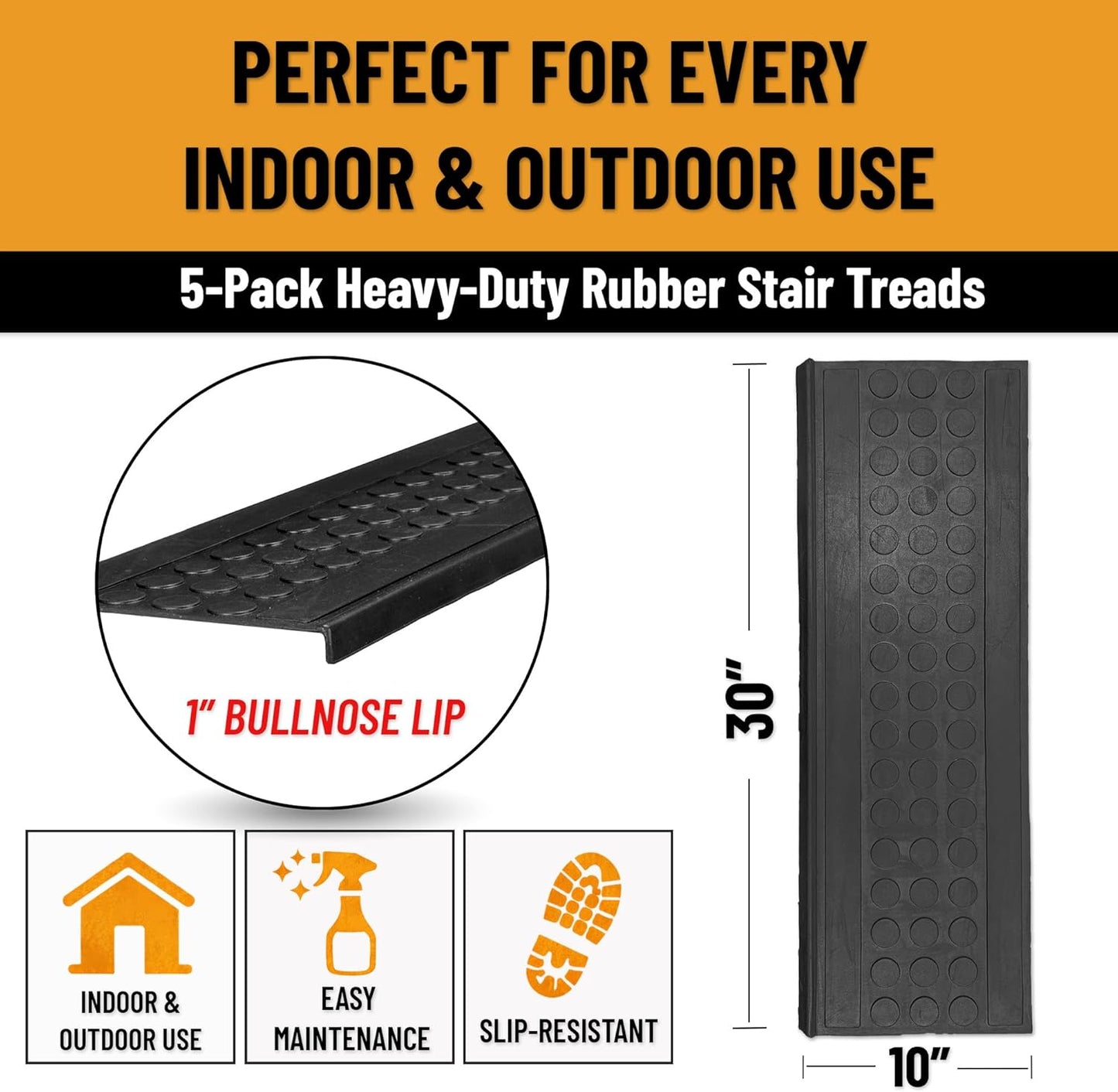 Ottomanson Outdoor Rubber Stair Treads – Ribbed Heavy-Duty Non-Slip Stair Mats – Best Grip on Concrete, Brick & Textured Step – Fastening Recommended for Wooden & RV Steps, Pack of 5