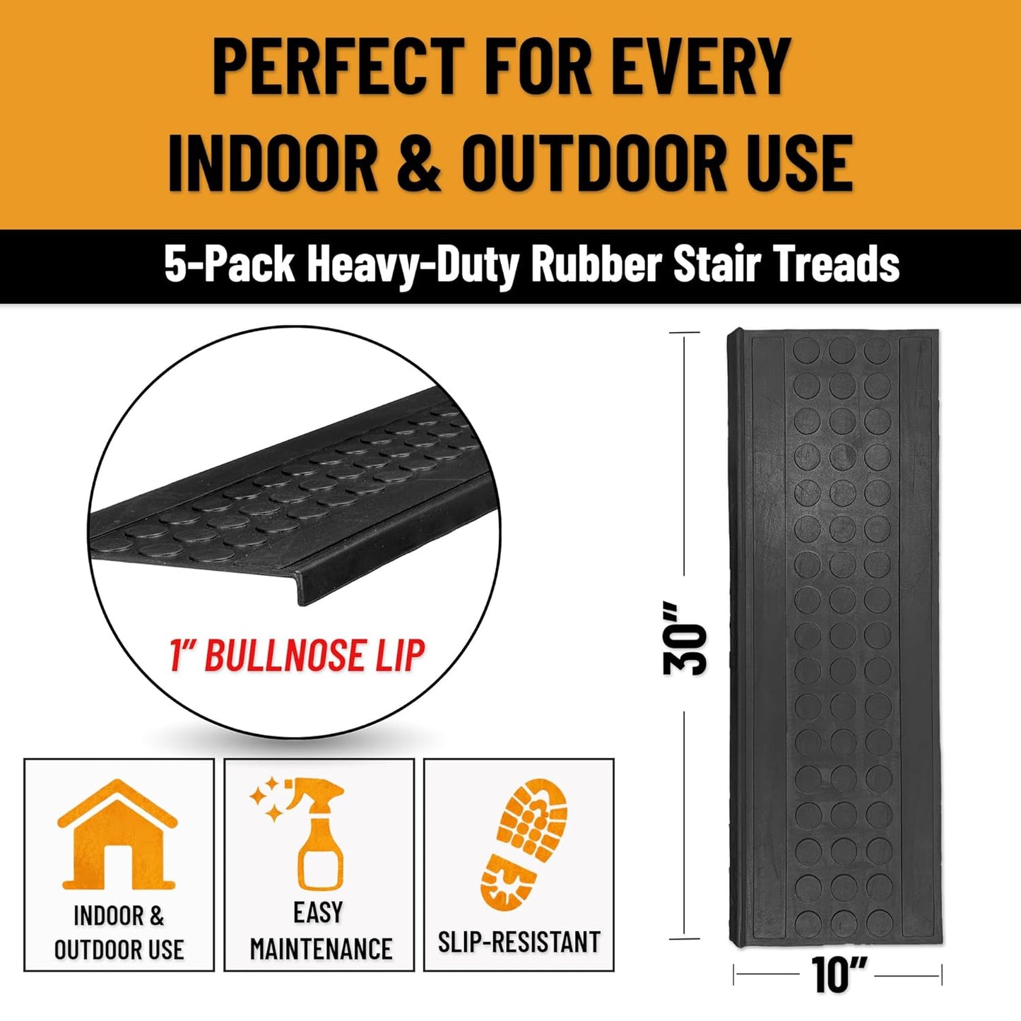 Ottomanson Outdoor Bullnose Stair Treads – Ribbed Heavy-Duty Non Slip Stair Mats – Strong Grip for Concrete, Brick & Textured Steps – Requires Fastening on Wooden & RV Steps, Pack of 5