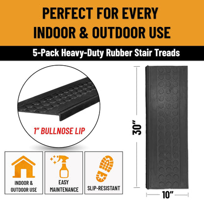 Ottomanson Outdoor Bullnose Stair Treads – Ribbed Heavy-Duty Non Slip Stair Mats – Strong Grip for Concrete, Brick & Textured Steps – Requires Fastening on Wooden & RV Steps, Pack of 5