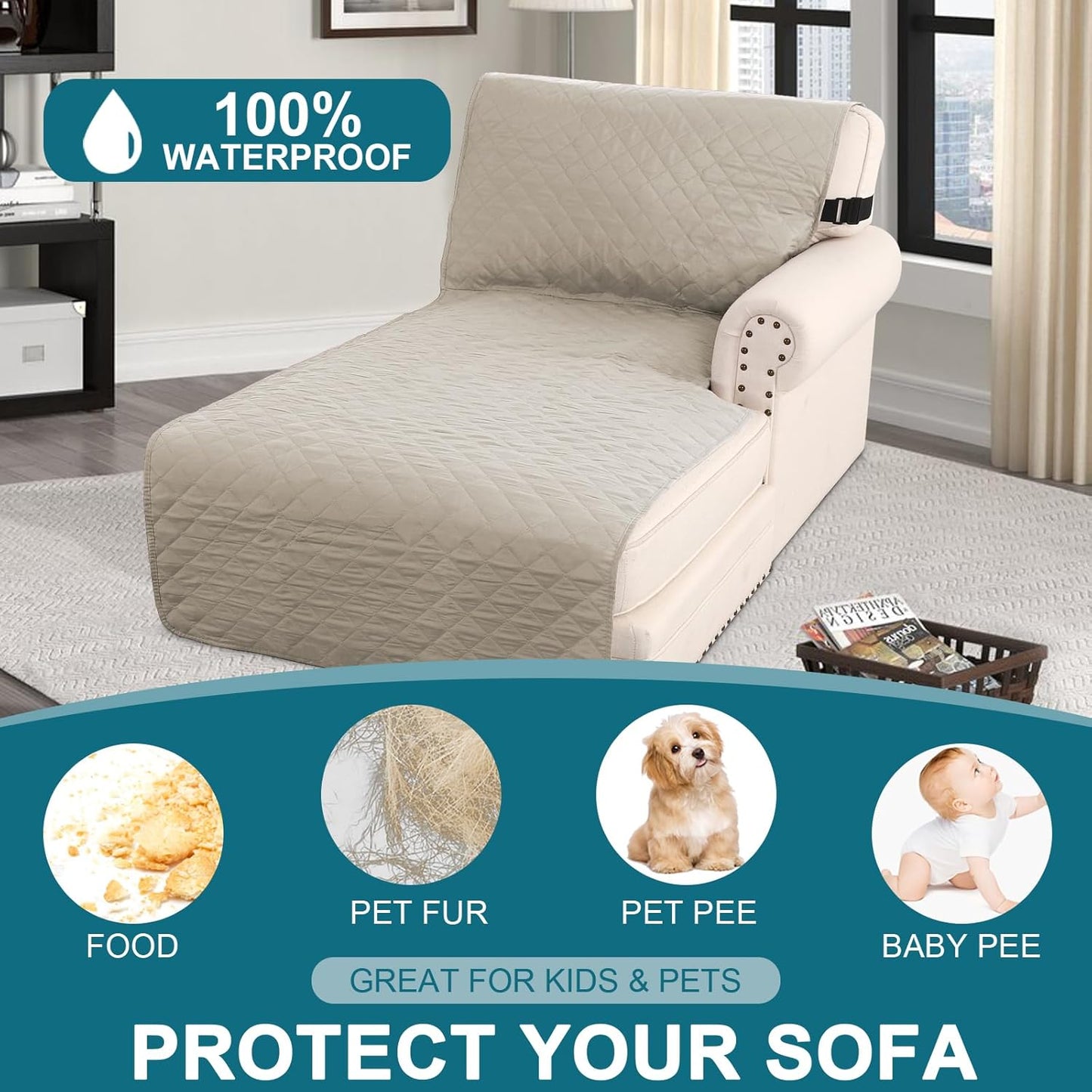 Turquoize 100% Waterproof Sofa Covers Couch Cover Sofa Cover for Dogs Couch Protector Triple Non-Slip Sofa Slipcover for 3 Cushion Couch Furniture Protector for Pets, Kids,Dog (Sofa 70", Ivory)