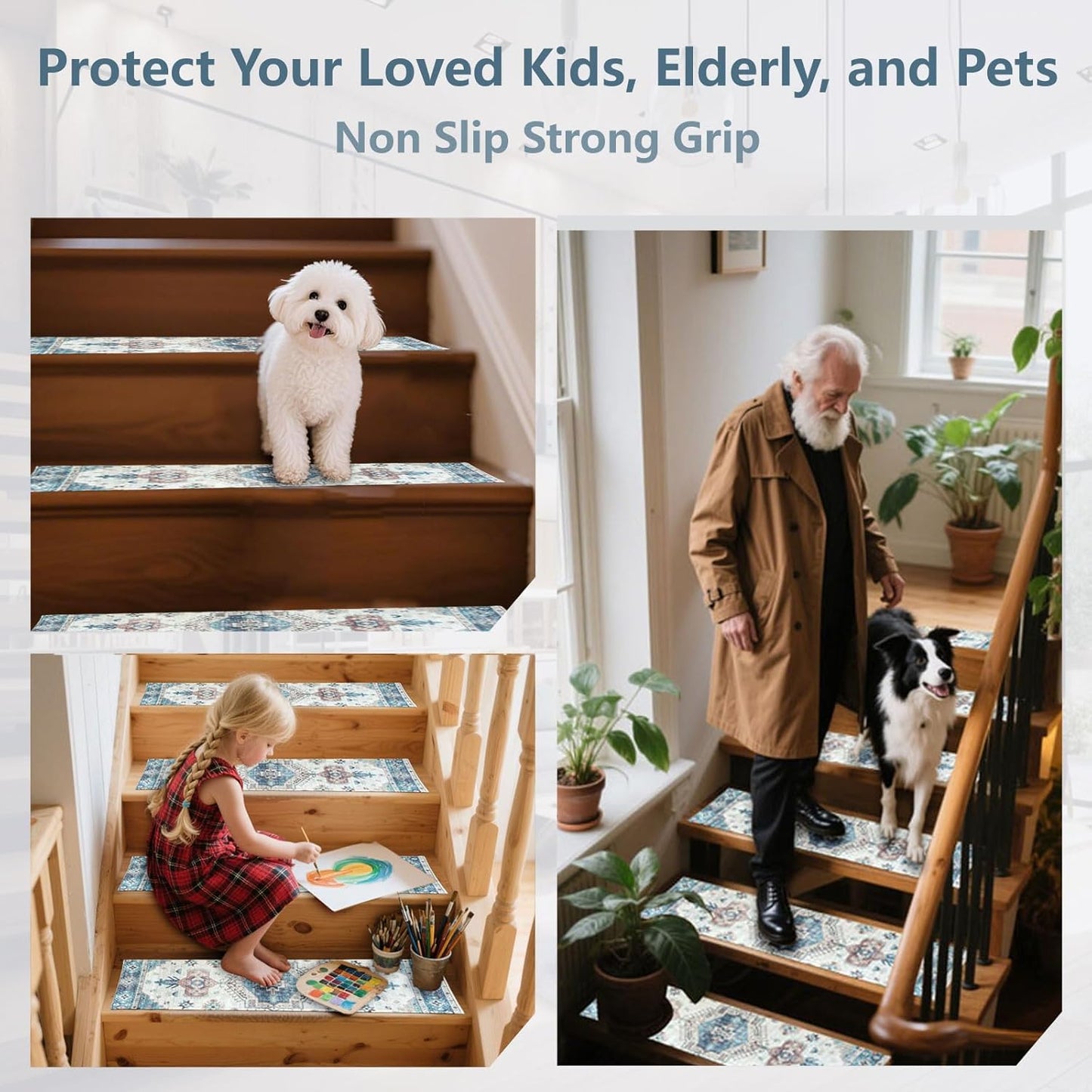 Stair Treads for Wooden Steps, Non Slip Stair Treads Carpet Indoor Residue Free Peel and Stick Washable Stair Covers, Safe for Dogs Kids Elders, Moroccan Beige, 8x30 inch, 4 Pack