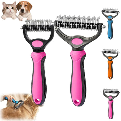 Pet Pro Grooming Tool, 2-in-1 Deshedding Dog Brush with 9/17 Teeth Undercoat Rake for Dogs & Cats, Dual-Sided Stainless Steel Pet Comb for Long Hair & Thick Coats, Non-Slip Ergonomic Handle (Pink-L)