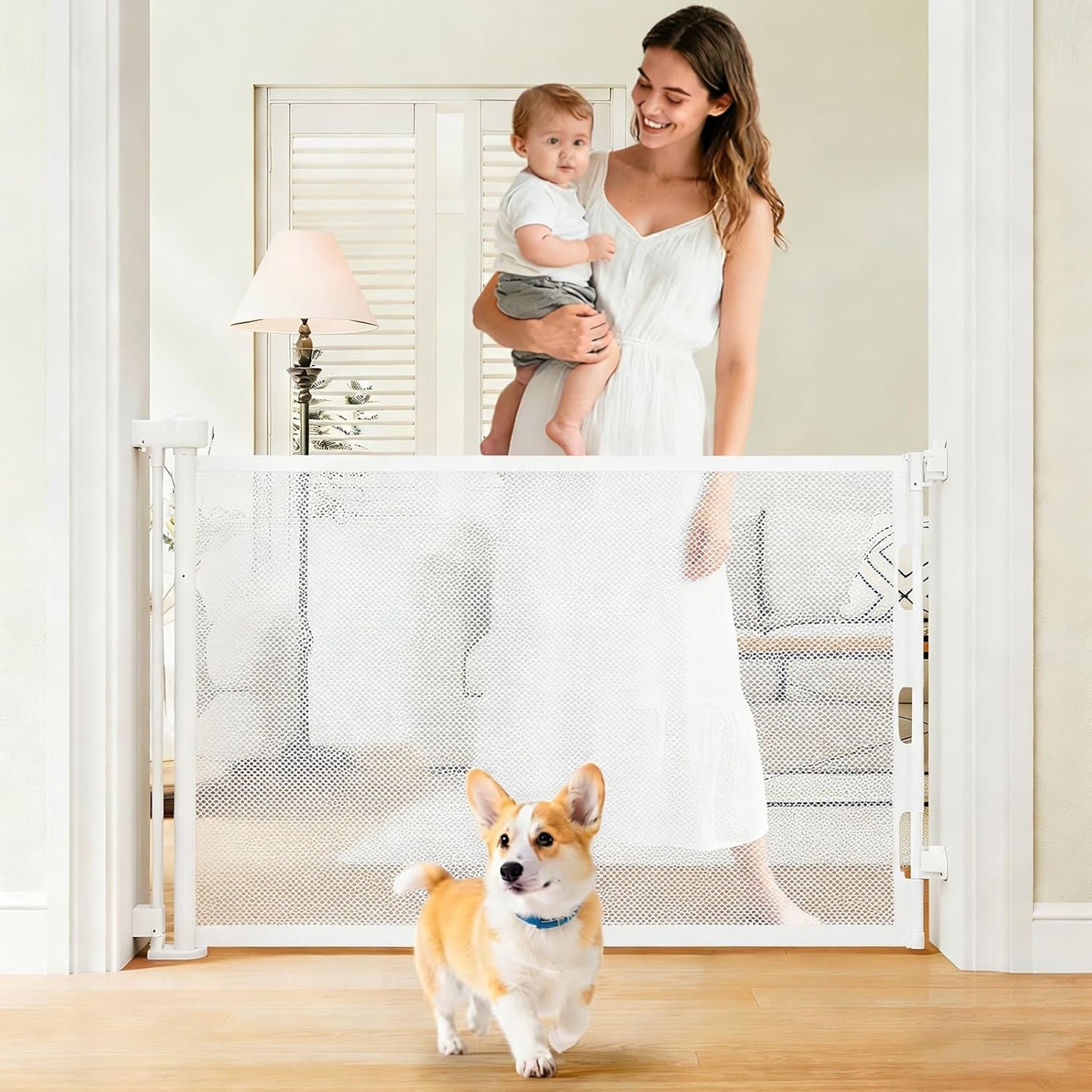 Retractable Baby Gate, 55 in Wide x 33 in Tall Mesh Dog Gate, Hardware Mounted Safety Gate with Double Lock for Doorways, Hallways, Indoor Outdoor, White