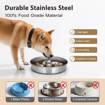 Slow Feeder Dog Bowl, 2 Cups Stainless Steel Heavy Duty with Non-Slip Base 8.7 inch Puzzle Maze Dog Food Bowls for Medium, Large Breed Size Dogs to Slow Down Eating