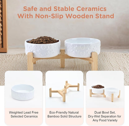 SPUNKYJUNKY Elevated Dog Bowls Ceramic, 6.1'' Dogs and Cat Food Water Bowls Raised with Non-Slip Bamboo Stand for Medium Sized Breed Microwave Dishwasher Safe - 28.7 OZ,Beige