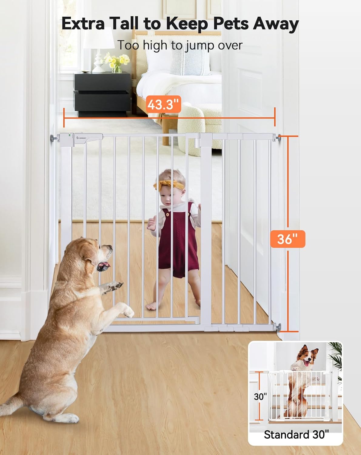 COMOMY 36" Extra Tall Baby Gate for Stairs and Doorways - Fits 29.5" to 48.8" Wide Openings, Auto Close Extra Wide Dog Gate for House, Pressure Mounted Easy Walk Through Pet With Door, Black