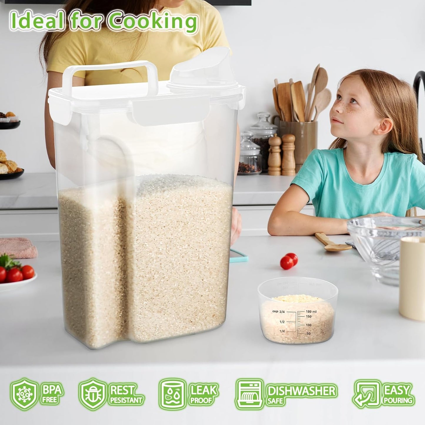 Viretec Rice Airtight Storage Container, 3 to 5Lbs Cereal Dry Food Flour Bin, Pet Dog Cat Food Dispenser with Measuring Cup, BPA Free Clear Plastic Kitchen and Pantry Organization Bin for Sugar