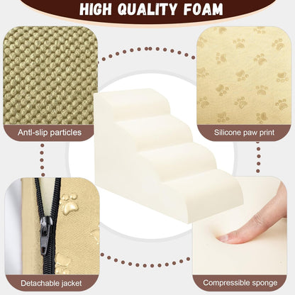 Dog Stairs for Small Dogs - High Density Foam Dog Ramp, Extra Wide Pet Steps with Non-Slip Bottom for High Beds, Couche and Sofa, Best for Pet Injured, Older Dogs Cats (Grey, 4 Steps)