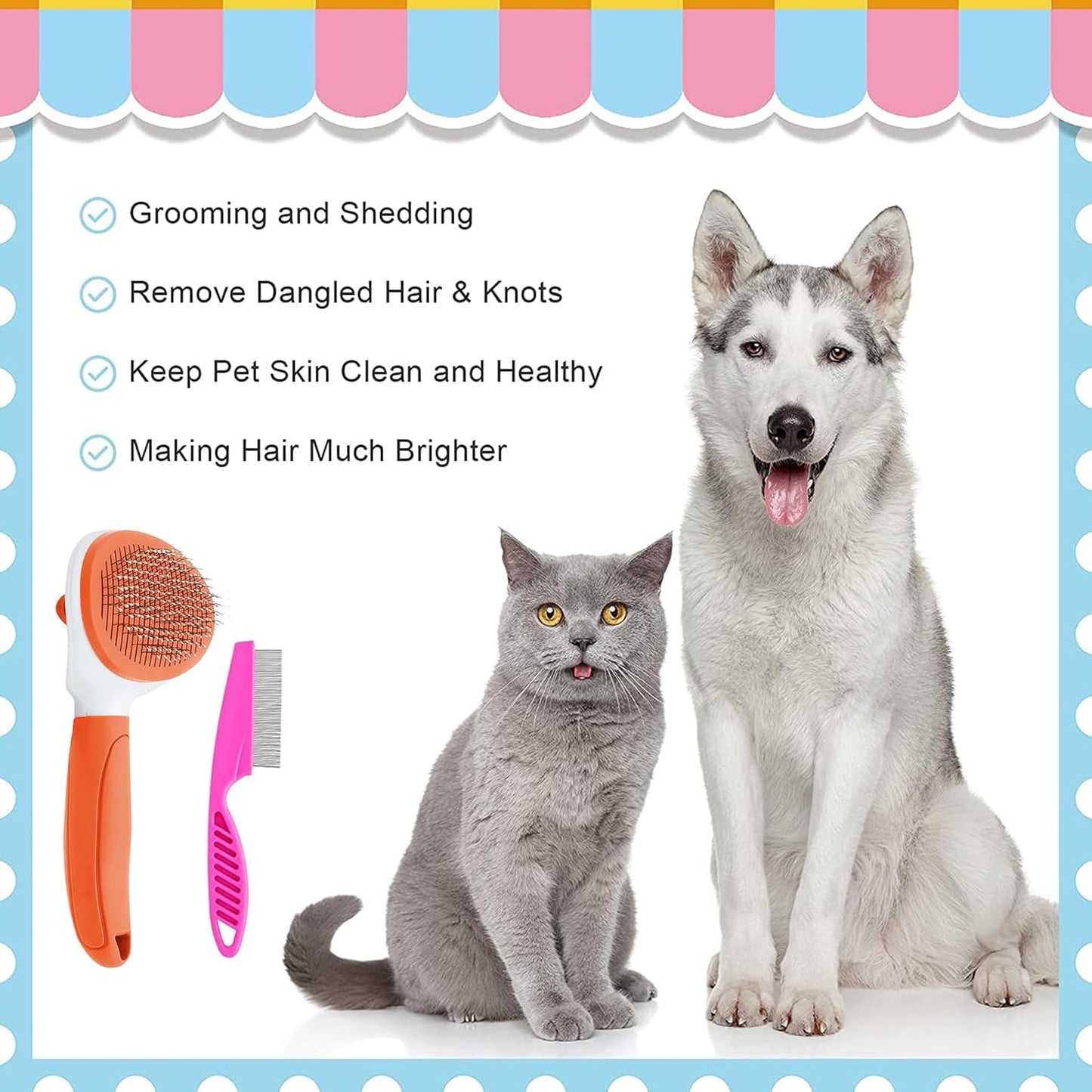 Cat Brushes for Indoor Cats, Dog Brush for Shedding with Metal Cat Comb, Self Cleaning Pet Hair Brush with Release Button for Grooming Kitten(Pink)