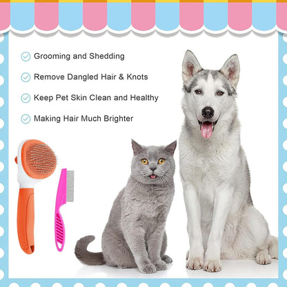 Cat Brushes for Indoor Cats, Dog Brush for Shedding with Metal Cat Comb, Self Cleaning Pet Hair Brush with Release Button for Grooming Kitten(Pink)