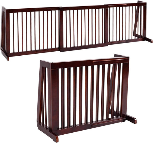PETSITE Free Standing Retractable Wooden Dog Gate Indoor, 28-80 Inches Adjustable Pet Gate for Doorways, Stairs, Hallway, Kitchen, Easily Crossable with One Step, Ideal for Small & Medium Sized Dogs