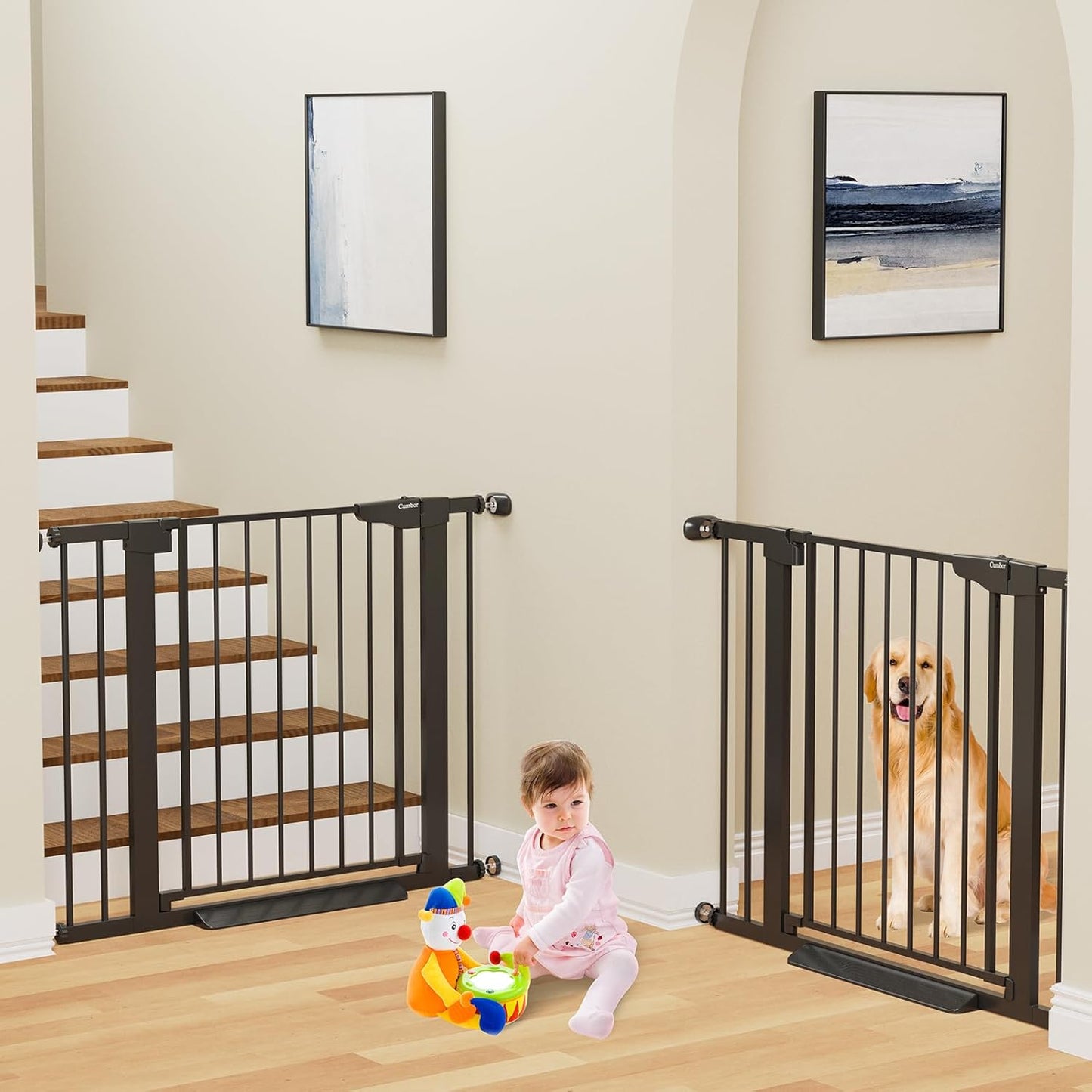 Cumbor 36.6-64" Extra Wide Baby Gate for Stairs, Dog Gates for Doorways, Auto-Close Pet Gate Indoor, Pressure Mounted Walk Through Safety Child Gate for Kids Toddler, Tall Pet Puppy Fence Gate, Brown