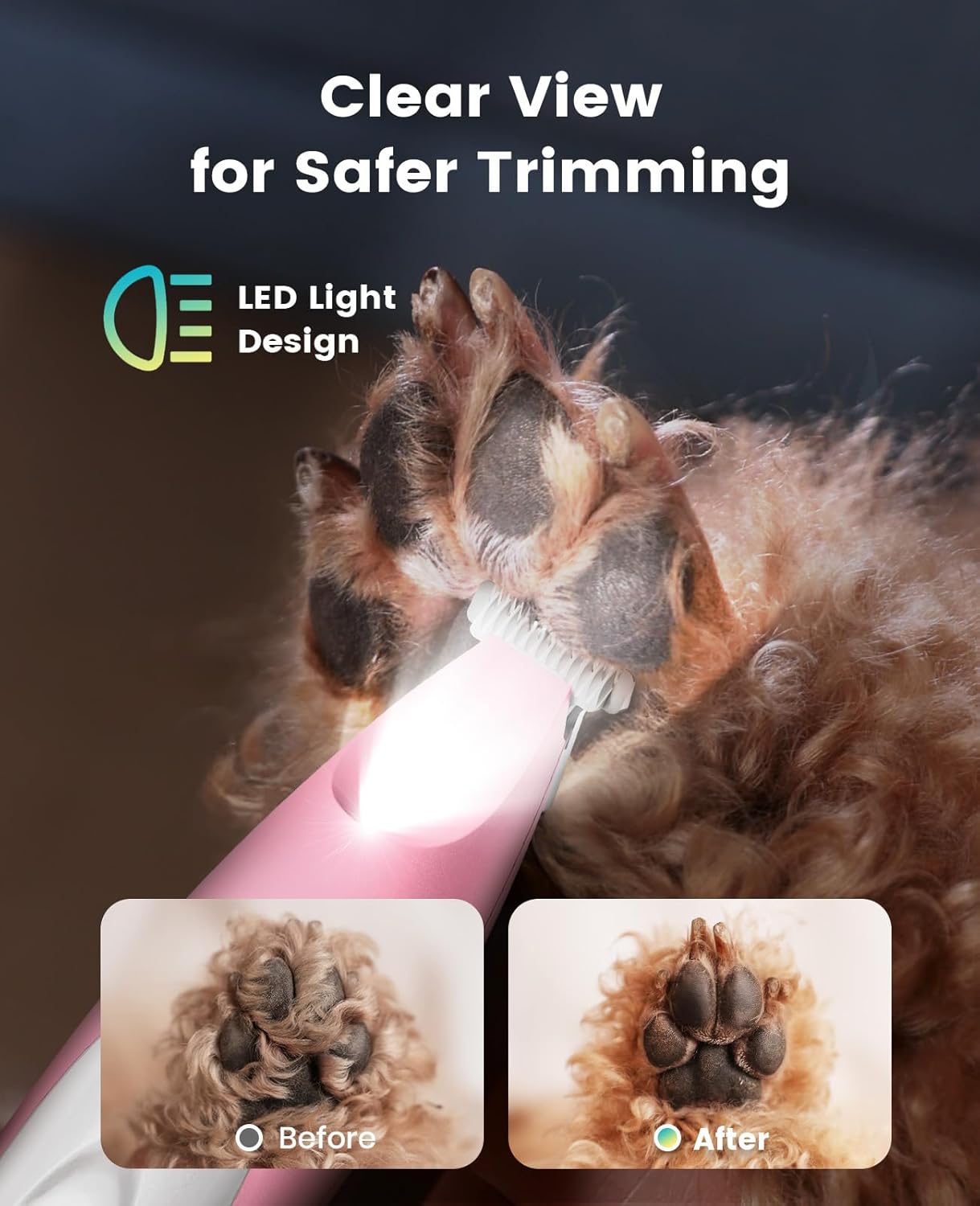oneisall Low-Noise Dog Paw Trimmer with LED Light, Paw Trimmer for Dogs &Cats 0.8inch/20mm Wide Blade, 35dB Cordless Electric Pet Paw Grooming Clippers for Paws, Ears, Face, Rump