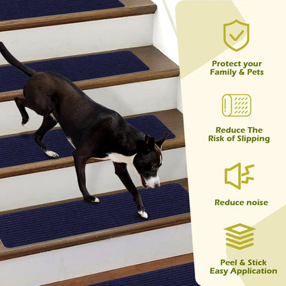 Stair Treads Non-Slip 16 Pack 8"x30" - Carpet Stair Runner for Indoor Wooden Steps with TPE Backing & Anti-Skid Surface, Reusable Adhesive Safety Rug for Kids/Elder/Pet-Friendly - Brown