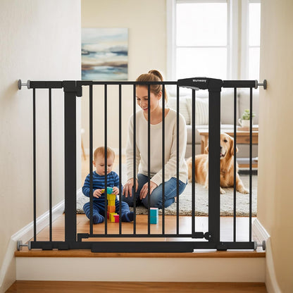 Mumeasy 29.7-46" Baby Gate for Stairs, Pressure Mounted Dog Gate for Doorways, Auto Close Walk Through Pet Gate Indoor, Extra Wide Metal Child Safety Gate, Mom's Choice Awards Winner, Black