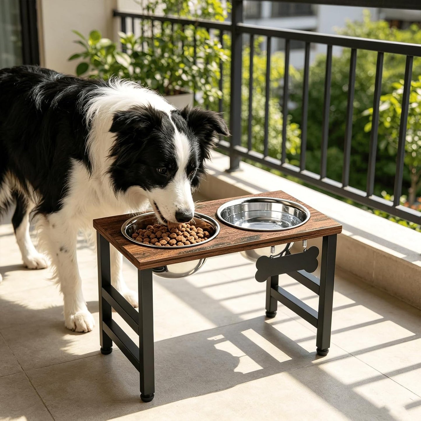 ADENGL Metal Raised Dog Bowl, 10" Tall Elevate Dog Feeder Stand with 2 Stainless Steel 42oz Bowls & 16x24 Non-Slip Mat – Stronger Dogs Food & Water Bowl Stand (Black)