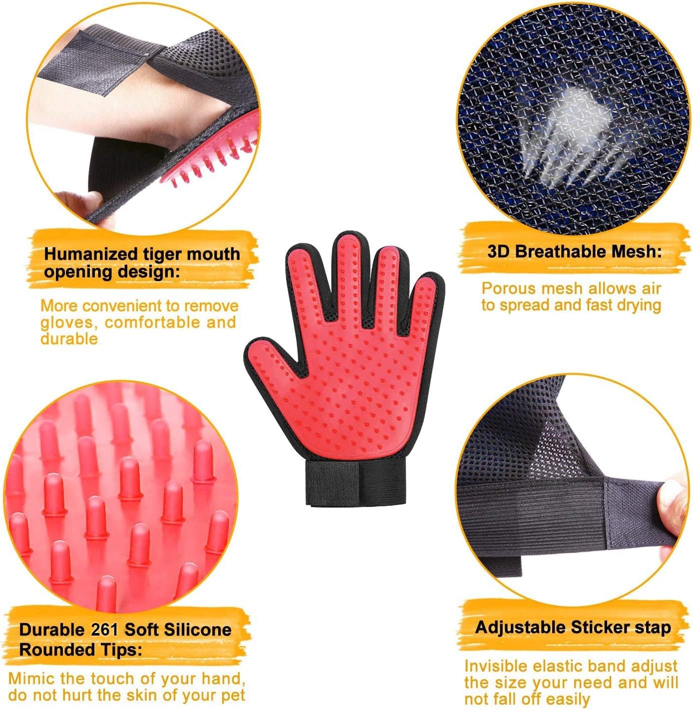 BYETOO Pet Dog Cat Grooming Glove with 261Tips,Gentle Deshedding Brush Glove,Efficient Pet Hair Remover Mitt,Massage Tool with Enhanced Five Finger Design,for Dog,Cat,Rabbit,Horse with Long/Short Fur