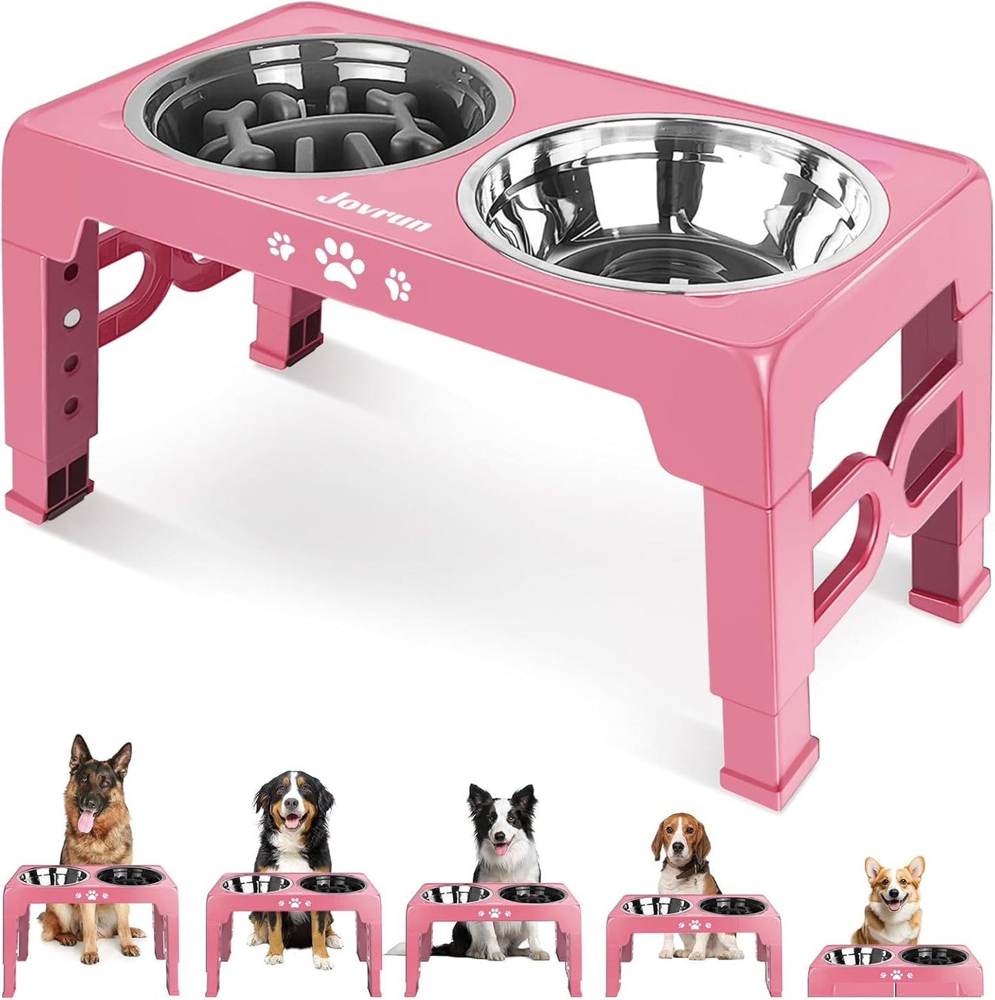 Jovrun Elevated Dog Bowls for Small Dogs and Cats, Non-Slip Cat Bowls with 2 Thick 5.5" Stainless Steel Dishes, Dog Feeder 2 Heights Adjustable to 2.6"-5.3"
