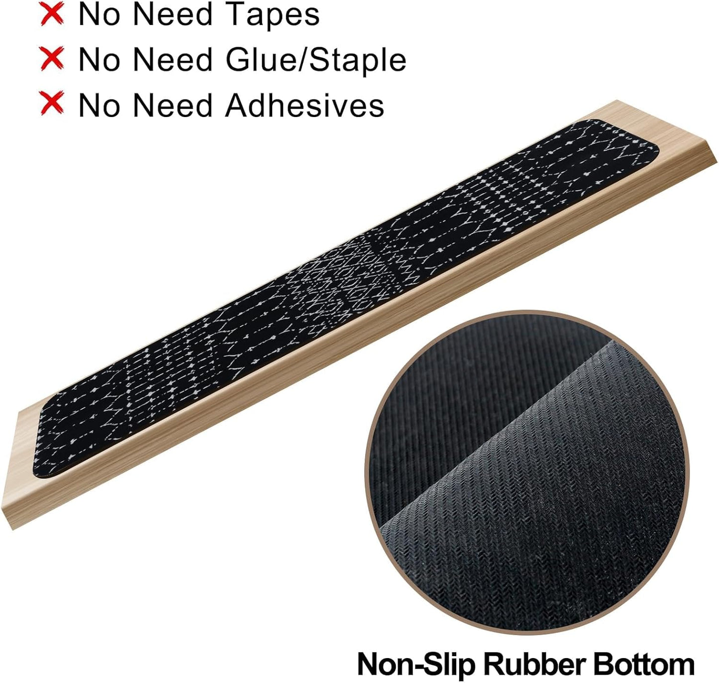 OJIA Boho Stair Treads Non-Slip Stair Runners for Wooden Steps Indoor 15PCS 30"x8" Washable Carpet Stair Treads Stair Mats Staircase Step Treads for Kids, Elders and Dogs, Stair Covers, Black