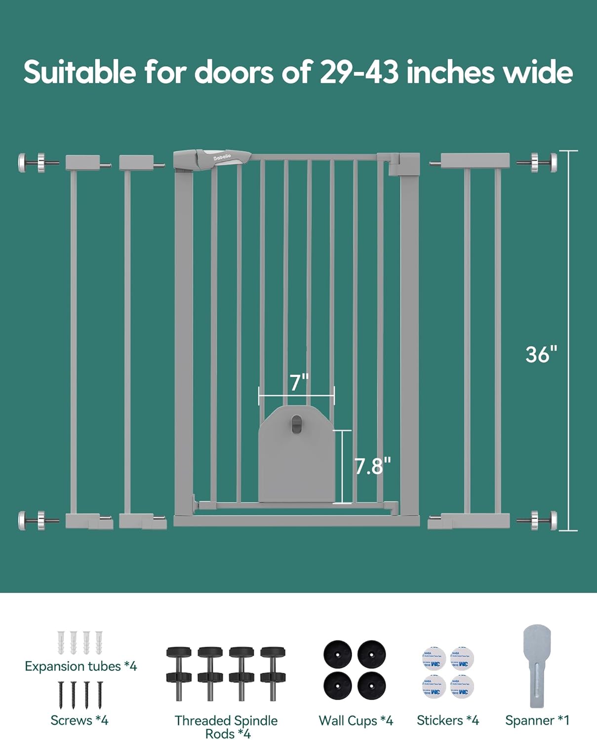 Babelio 36" Tall Auto Close Baby Gate with Small Cat Door, 29-43" Metal Cat Gate for Doorway, Stairs, House. Easy Walk Thru Dog Gate with pet Door, Includes 4 Wall Cups and 3 Extension Pieces, Black