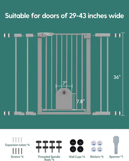 Babelio 36" Tall Auto Close Baby Gate with Small Cat Door, 29-43" Metal Cat Gate for Doorway, Stairs, House. Easy Walk Thru Dog Gate with pet Door, Includes 4 Wall Cups and 3 Extension Pieces, Black