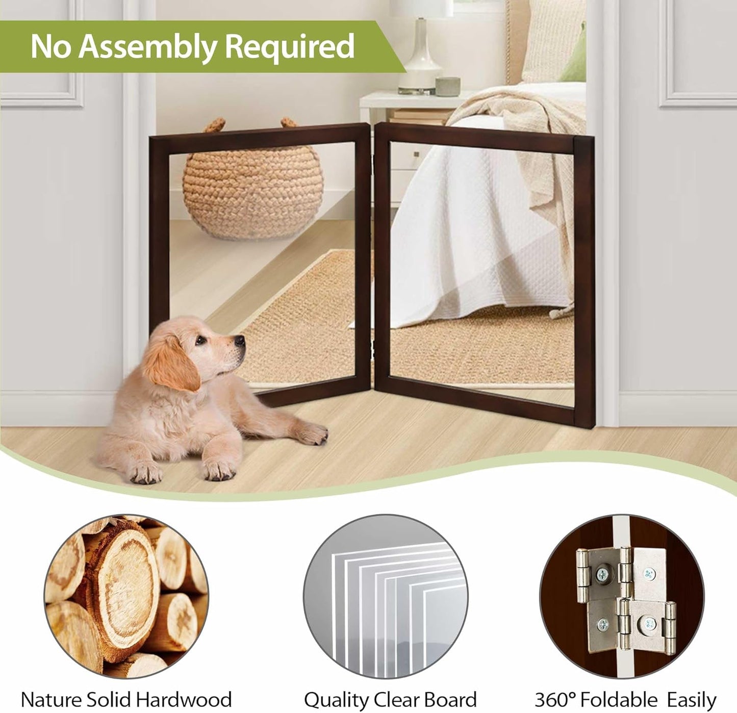LZRS Clear Dog Gate for Indoor Use - Transparent Pet Fence with Solid Hardwood and Plastic Board, Stylish & Durable freestanding Pet Gate for Doorways, Stairs and Hallways-2 Panel Cherry