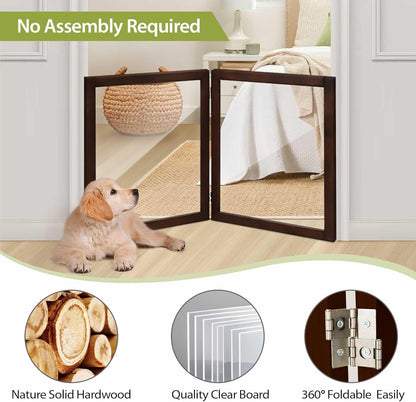LZRS Clear Dog Gate for Indoor Use - Transparent Pet Fence with Solid Hardwood and Plastic Board, Stylish & Durable freestanding Pet Gate for Doorways, Stairs and Hallways-2 Panel Cherry