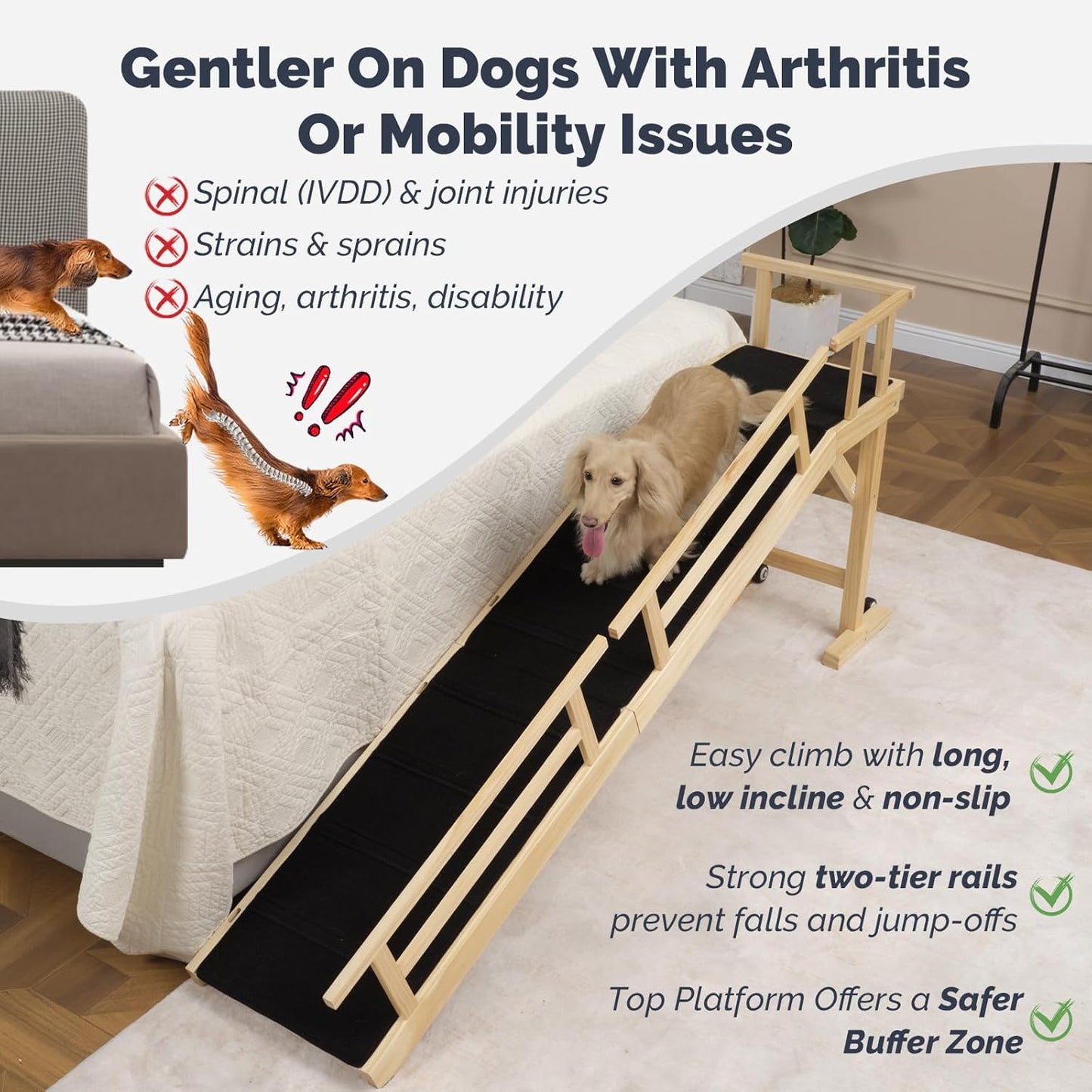Dog Ramp for Bed or Couch, Wooden Pet Ramp with 20° Gentle Slope, Removable Side Rails, Non-Slip Surface, Top Platform & Wheels, Safe Bed Ramp for Small, Large & Senior Dogs, 60" Long, Mahogany