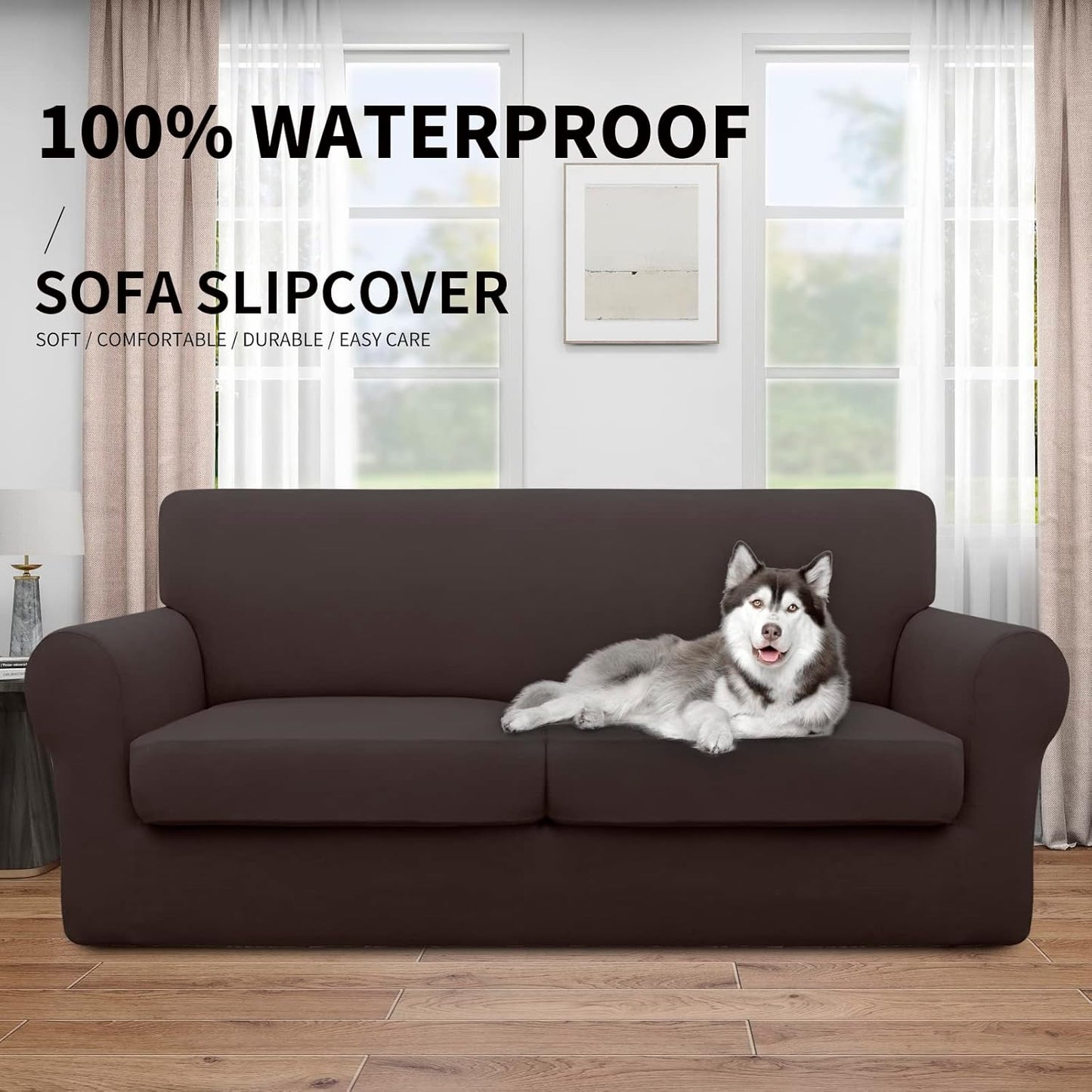 Easy-Going 100% Dual Waterproof 4 Pieces Stretch Soft Couch Cover for Dogs, Sofa Slipcover for 3 Separate Cushion Couch Leakproof Furniture Protector for Kids, Pets Dark Gray