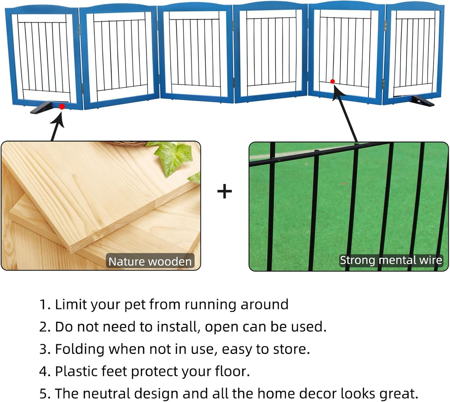 ZJSF Freestanding Dog Fence Indoor, Foldable Dog Gate for Doorways, Stairs or Hallways, Sturdy Wood Extra Wide Pet Gate with Support Feet for The House, White, 24 "Height-3 Panels