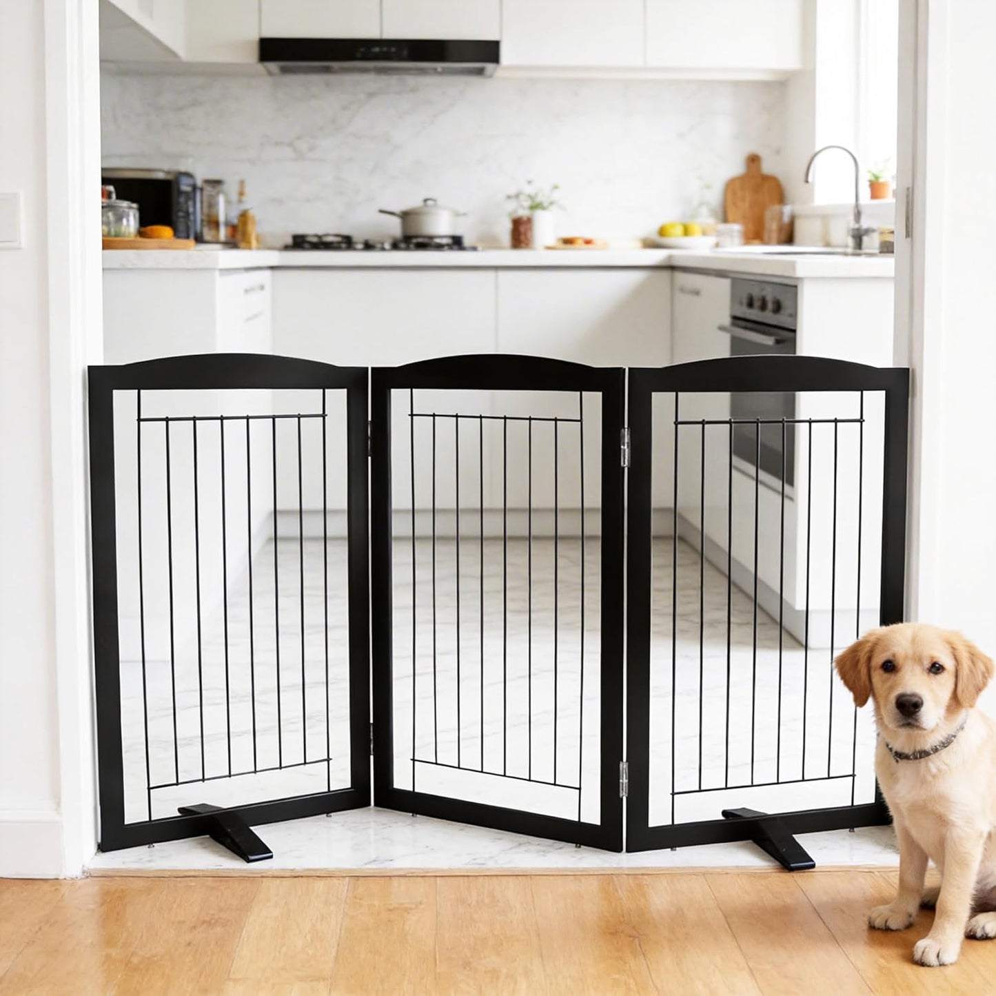 ZJSF Freestanding Dog Fence Indoor, Foldable Dog Gate for Doorways, Stairs or Hallways, Sturdy Wood Extra Wide Pet Gate with Support Feet for The House, White, 24 "Height-3 Panels