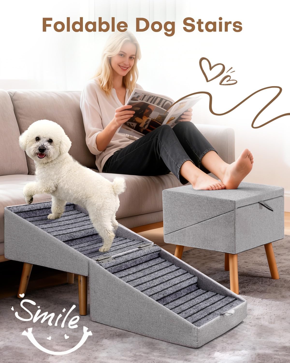 17.13" H Split Ottoman Dog Ramp for Couch and Bed, Non Slip Dog Stairs for Small Medium Large Dogs Cats Puppy, Joint Support 2 in 1 Foldable Wooden Pet Steps for Senior/Injured Dogs, Space Saving