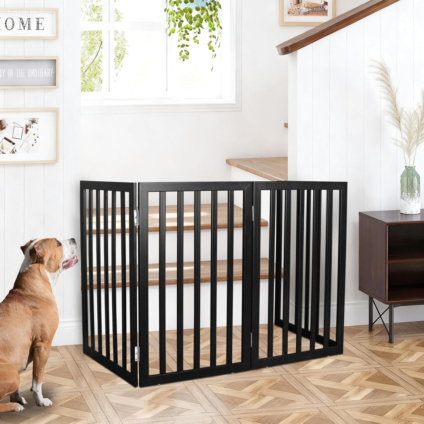 ZJSF Freestanding Indoor Dog Gate for House Foldable Wood Brown Puppy Gate for Doorways Pet Gate for Stairs Extra Wide Pet Fence 24" Height 2 Panels