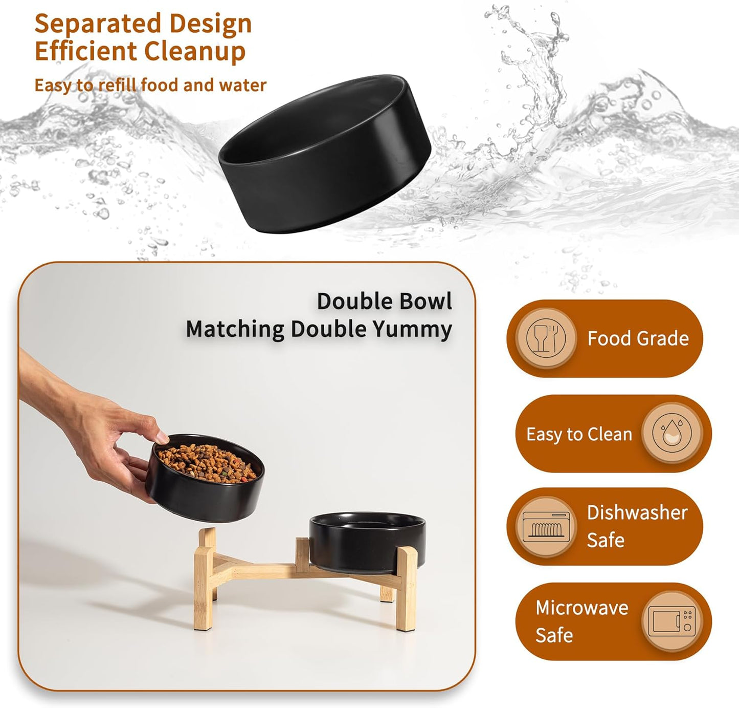 Elevated Ceramic Dog Bowl Set - Raised Dog Bowls with Non-Slip Bamboo Stand - Dog Food and Water Bowl Set - Double Dog Feeding Bowls - Suitable for Small and Medium Dogs - 28.74 OZ - 3.6 CUPS - 850 ML