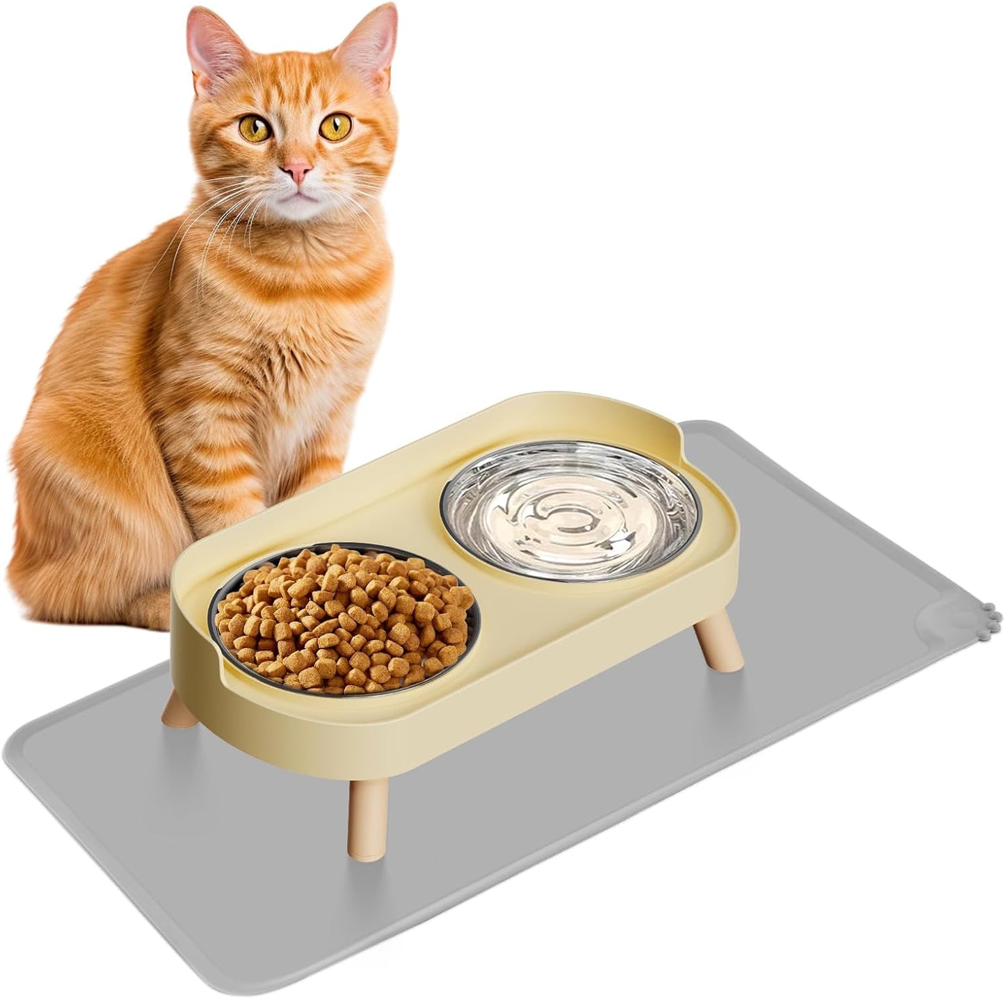 Elevated Cat Bowl, Raised Cat Food and Water Bowl Set for Indoor Cats, Splash Proof with 2 Stainless Steel Pet Food Bowls for Cats and Puppies, Whisker Fatigue and Dishwasher Safe - White