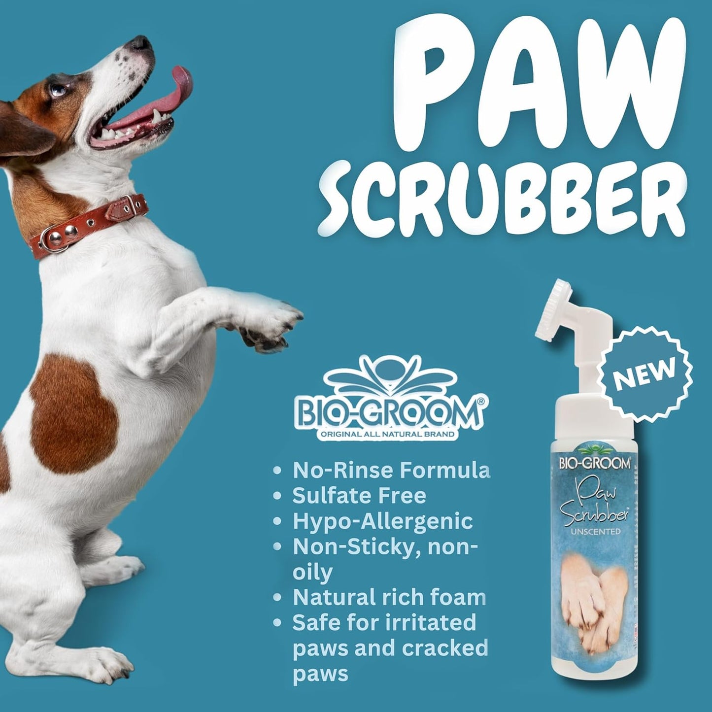 Bio-Groom Paw Wash & Scrubber Brush - No Rinse Dog & Pet Paw Cleaner, Safe for Cats & Dogs, Gently Cleans Dry & Sensitive Feet, Waterless Application, Natural Rich Foam, Made in USA - 8 fl oz