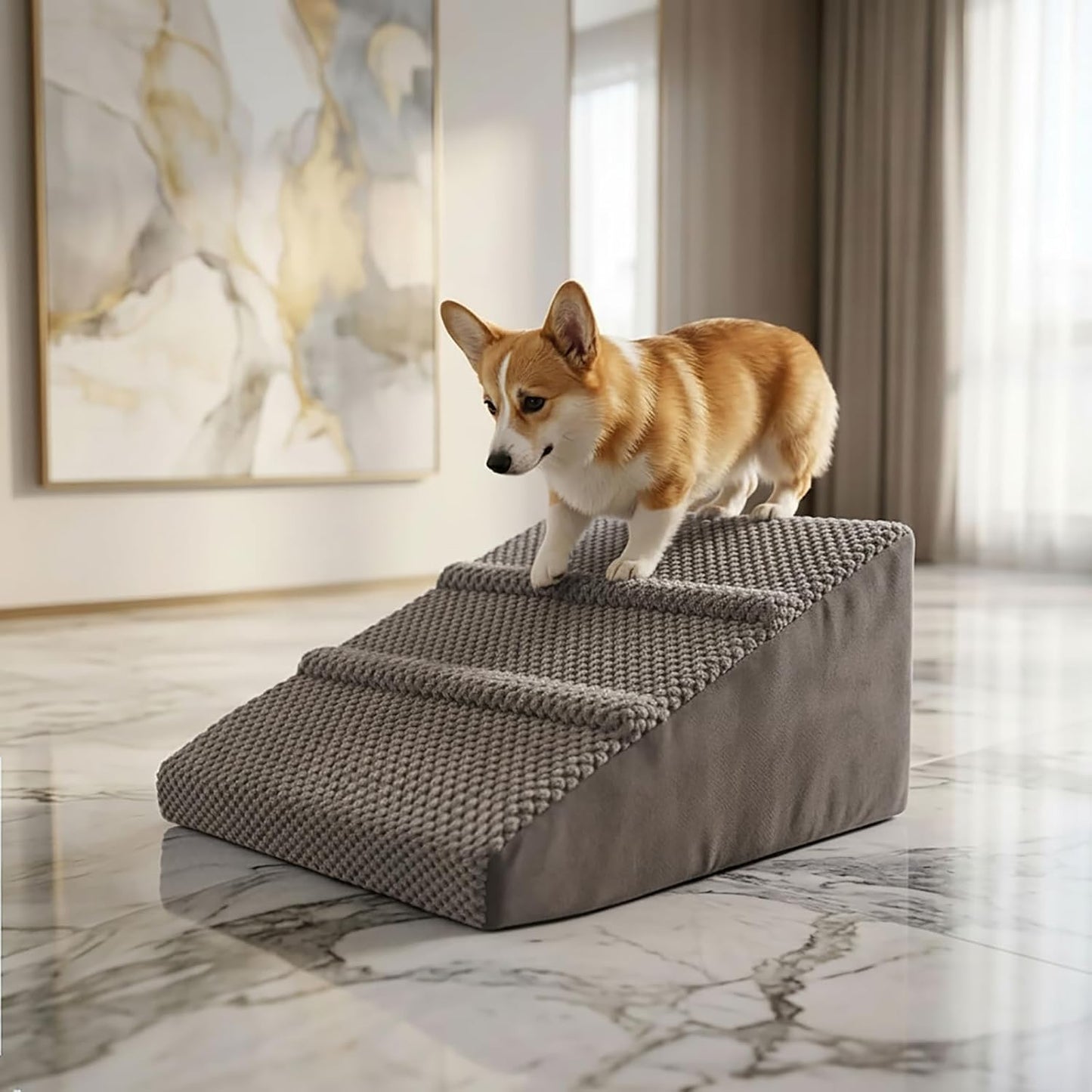 Dog Ramp for Stairs - Dog Steps-Anti-Slip Foam Stair Wedges for Small & Senior Dogs,Gentle Slope Pet Steps with Washable Corduroy Cover, Self-Sticky Pads for Safe Climbing (Gray,2-Pack)