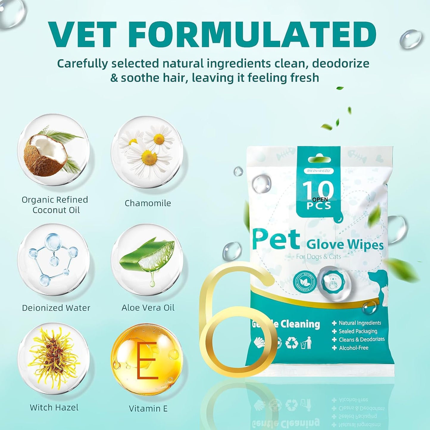 MEDUWEDU [10 Count] No-Rinse Pet Glove Wipes – 5-Finger Design, Coconut Oil & Aloe, Hypoallergenic Grooming Mitts for Dogs & Cats