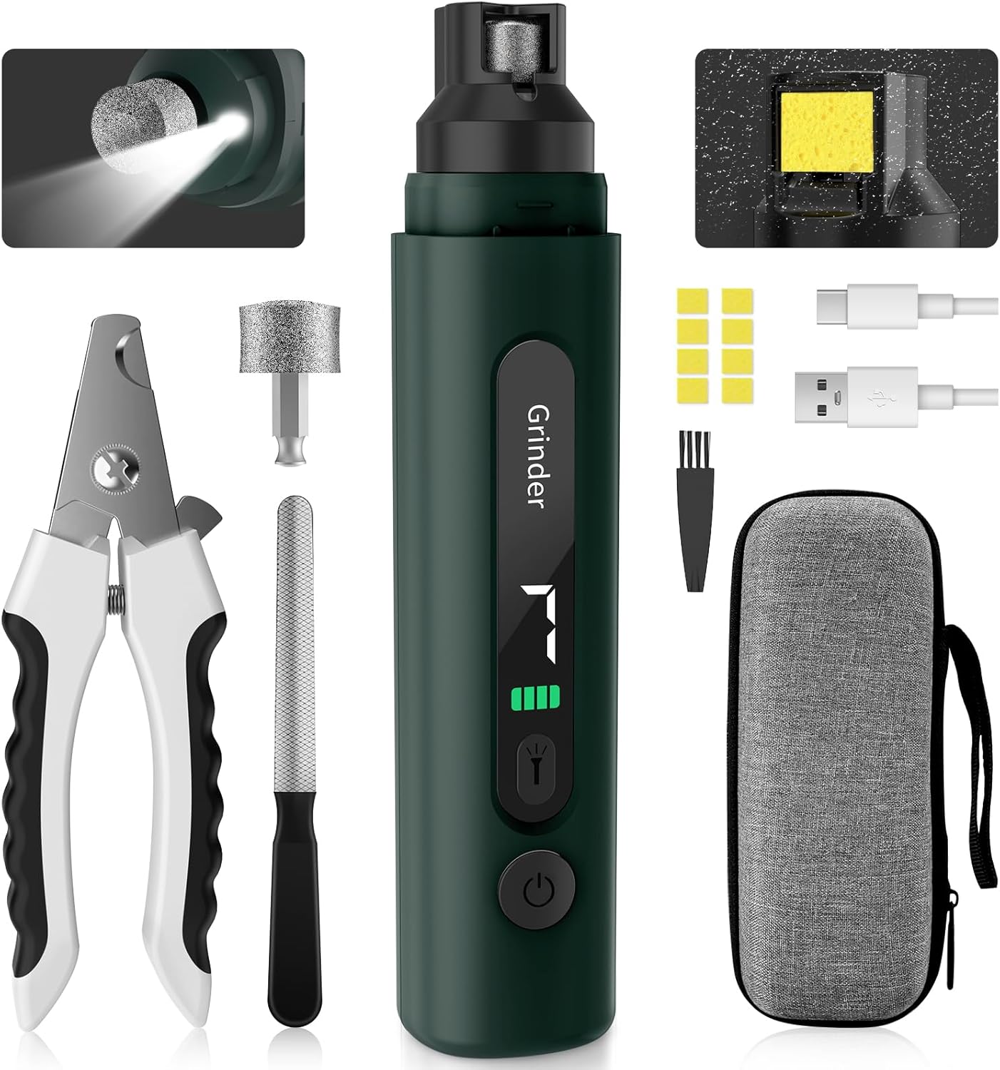 Dog Nail Grinder, 7-Speed Pet Nail Trimmer with LED Light & Sponge Dust Collector, Quiet and Low-Vibration, Painless Paws Grooming for Large Medium Small Dogs, Include Storage Bag
