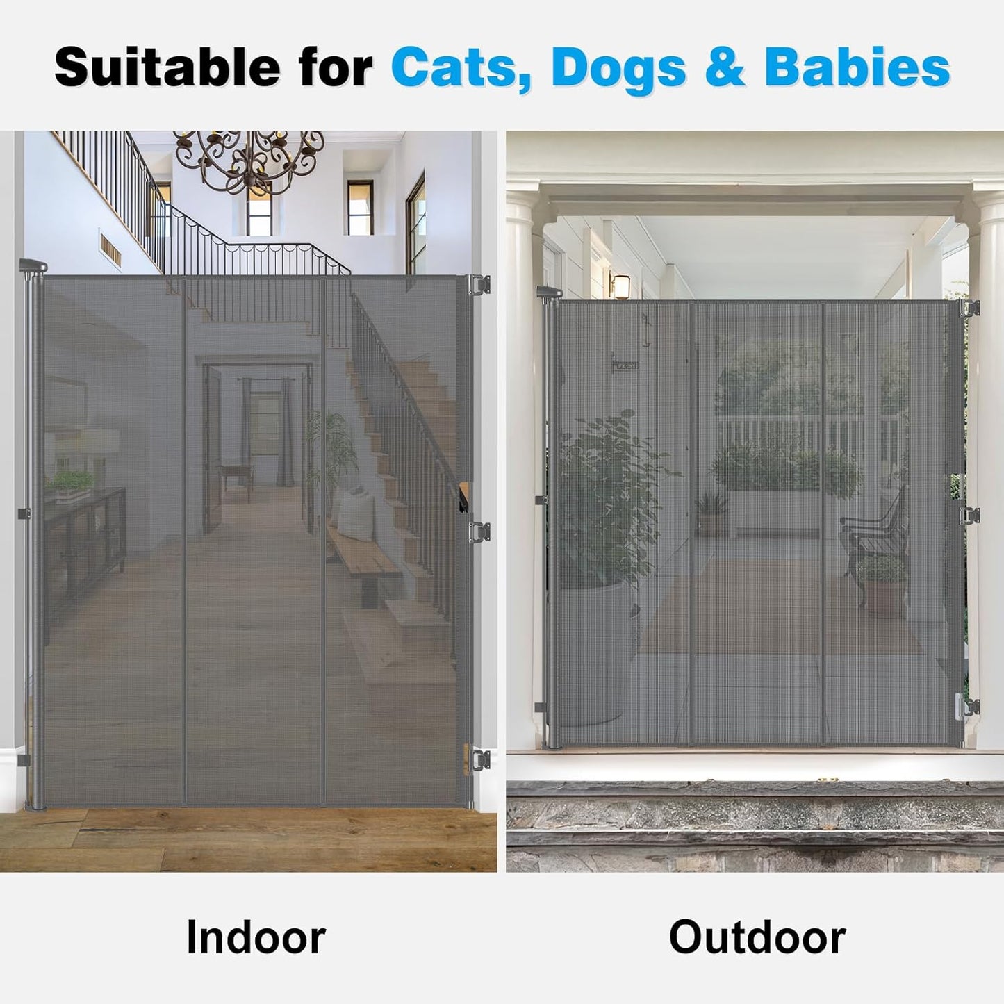 Reinforced 72" Extra Tall Pet Gate for Cat, Dog, Puppy & Baby, Jump-Resistant & Prevent Crawling Underneath Retractable Baby Gates, Fits 0-55" Width Safety Mesh Dog Gate, 6 Foot Extra Tall Cat Gate