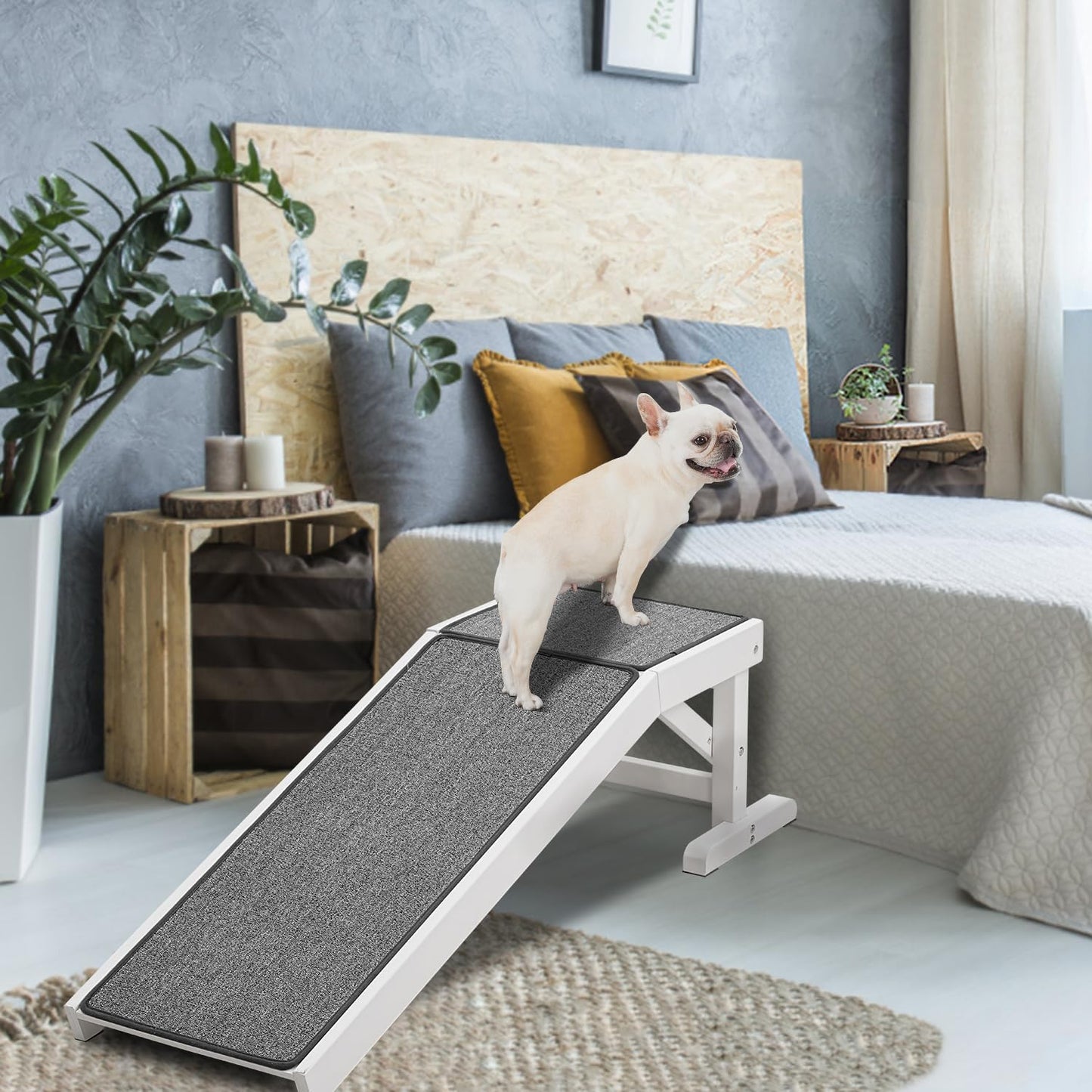 MEWANG Dog Ramp for Bed - Pet Ramp for Dogs with Non-Slip Carpet and Top Platform - 49.2" Long Dog Ramps for Small and Medium Dogs - Dog Ramp for Couch, Bed or Sofa - 49.2" x 15.7" x 14", White