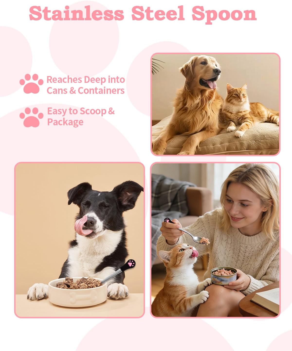 6 PCS Cat Food Can Covers Set, Reusable Silicone Can Lids with Opener, Stainless Steel Wet Food Spoon & Cat Treat Squeezer for Pet Feeding and Storage, Fits Cats & Dogs