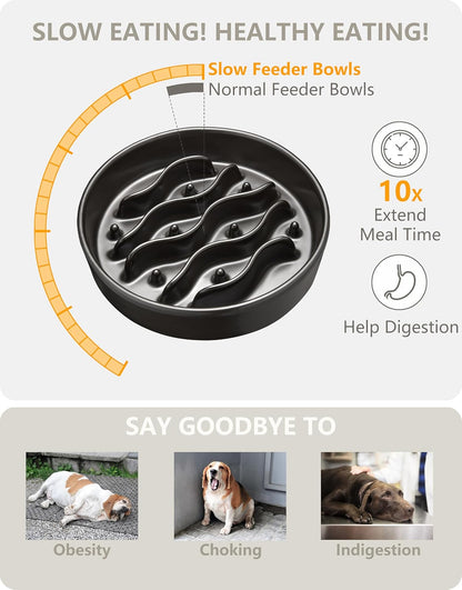 Ceramic Slow Feeder Dog Bowls for Medium and Large Dogs, 2.0 Cups Dog Slow Feeder for Fast Eater, 30oz, 8in, White
