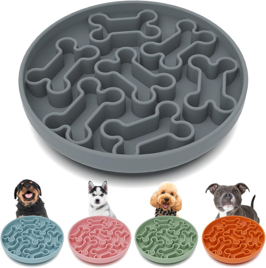 Silicone Slow Feeder Dog Bowl – Pink Bone Pattern | Food-Grade Non-Slip Dog Dish for Anti-Bloat, Fast Eating Prevention, 7.5” x 1.5”, Dishwasher Safe