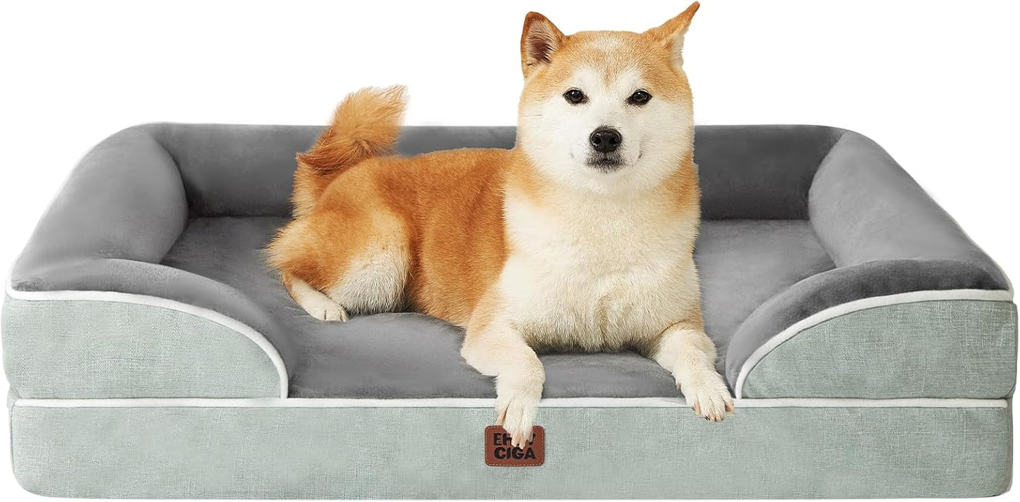 EHEYCIGA Orthopedic Dog Beds for Extra Large Dogs 44x32Inch, Waterproof Memory Foam XL Pet Bed with Sides, Non-Slip and Egg-Crate Foam Big Dog Couch Bed with Washable Removable Cover, Grey